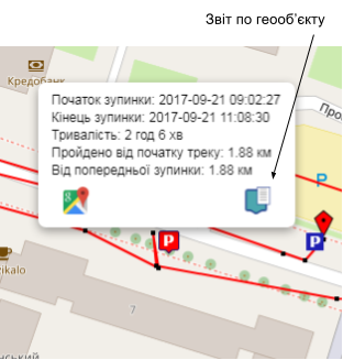 Маркер стоянки, якщо вона попадає в зону геооб'єкта в Сервісі GPS моніторингу WayMaps